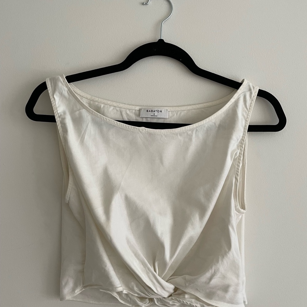 Aritzia Babaton White Cropped Linen Twist Tank